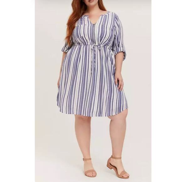 Torrid Blue & White Stripe Zip Front Drawstring Shirt Dress Size 1X - Picture 1 of 13